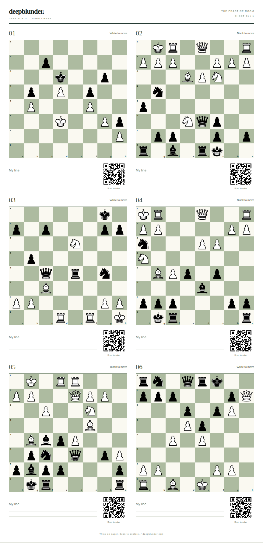 Sample worksheet with six chess positions, side-to-move labels, space for pencil notes, and individual Lichess QR codes